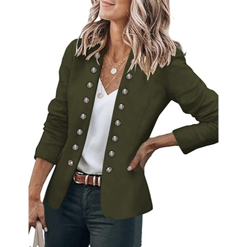 Womens Open Front Long Sleeve Buttons Military Style Blazer Work Business Casual